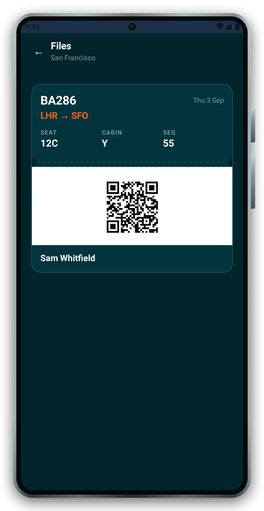 A boarding pass in Nextleg on a phone, drawn as a ticket: BA286 London Heathrow to San Francisco, seat 12C, cabin Y, sequence 55, with the barcode redrawn sharp on a white plate.