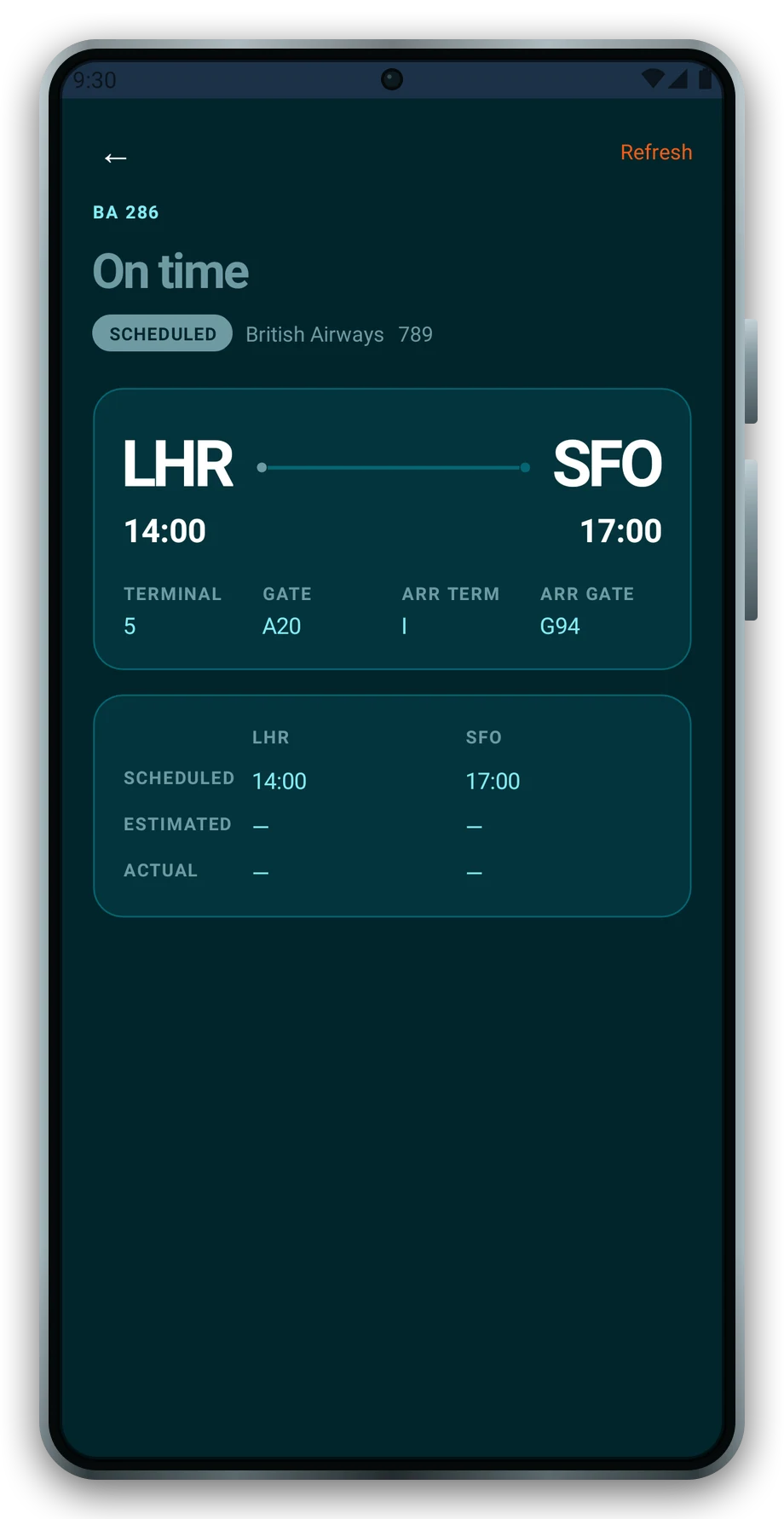 Flight BA 286 in Nextleg on a phone, marked on time: London Heathrow to San Francisco with terminals, gates, and scheduled, estimated and actual times.