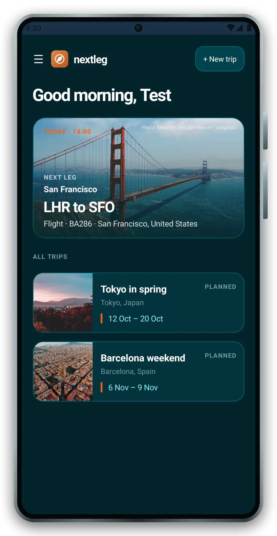 The Nextleg trips list on a phone: the next leg shown as a large card over a photograph of the Golden Gate Bridge, reading flight BA286 from London Heathrow to San Francisco, with two planned trips below.