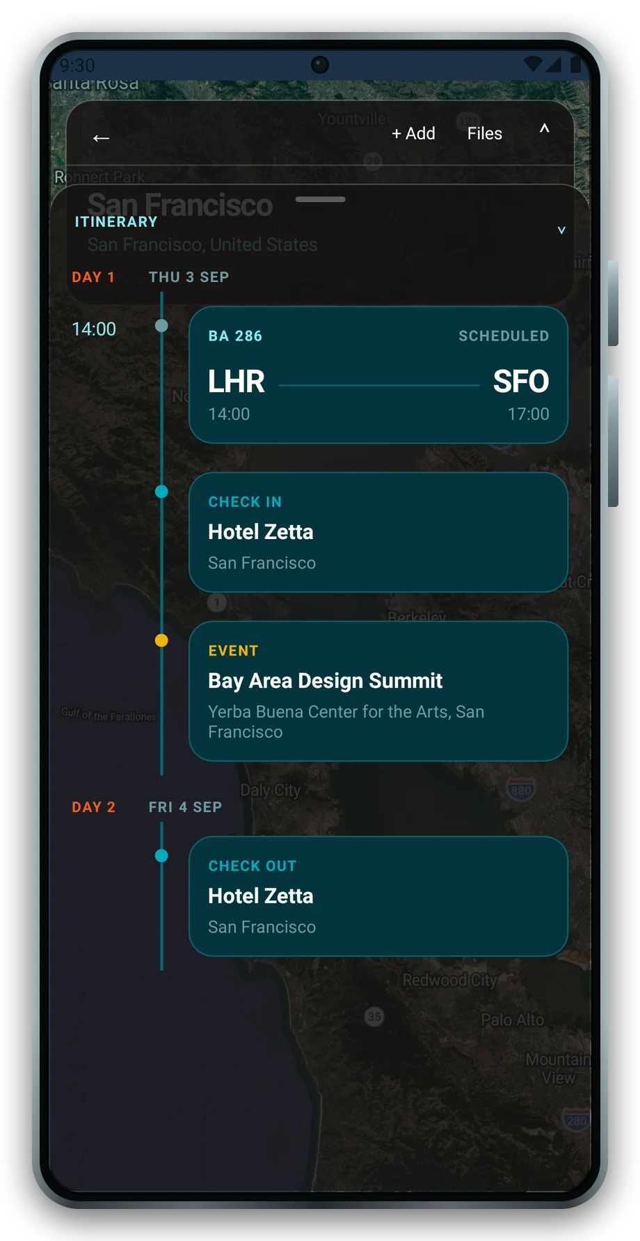 The Nextleg itinerary on a phone, in order: flight BA 286 from London Heathrow to San Francisco, checking in to Hotel Zetta, the Bay Area Design Summit at Yerba Buena Center for the Arts, and checking out the next day.