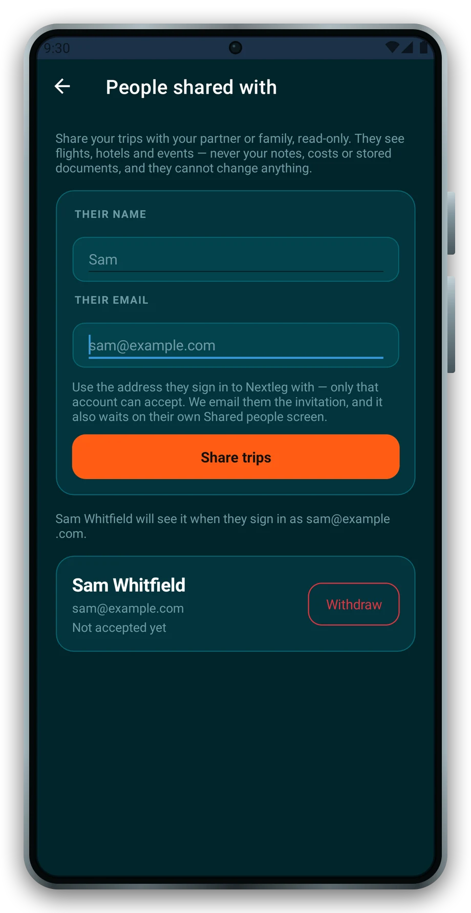 The Nextleg sharing screen on a phone, inviting Sam Whitfield by email to see your trips read-only, with the invitation listed as not accepted yet.