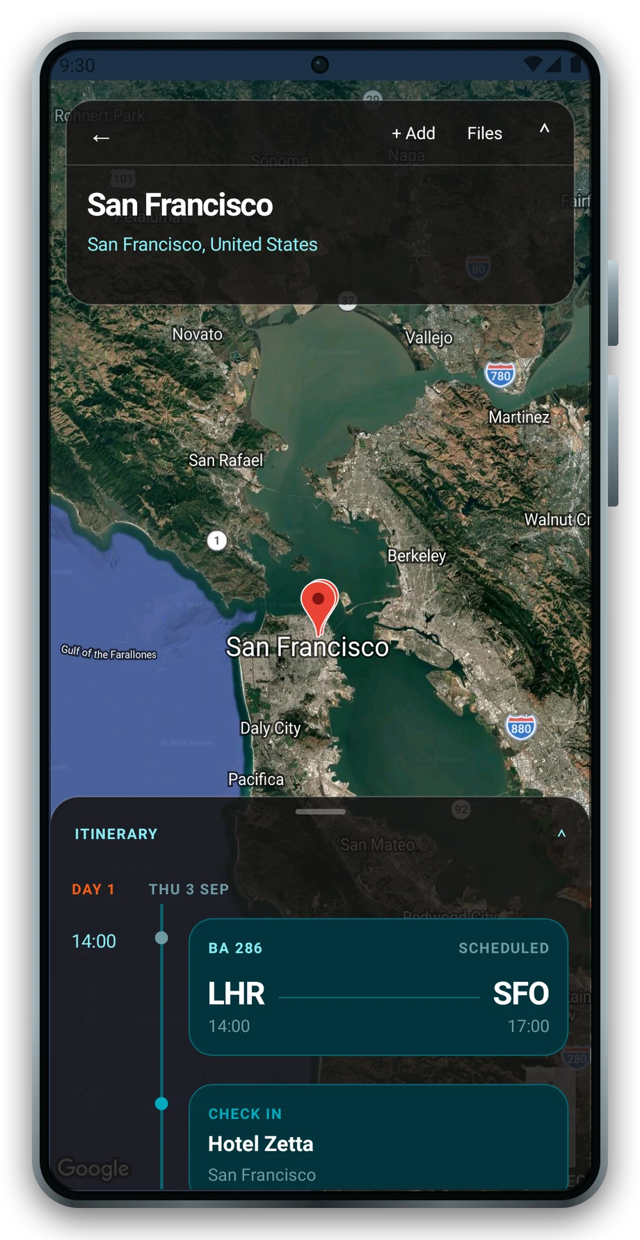 A trip in Nextleg on a phone: a satellite map of San Francisco Bay with a pin on the city, above the start of a day-by-day itinerary.
